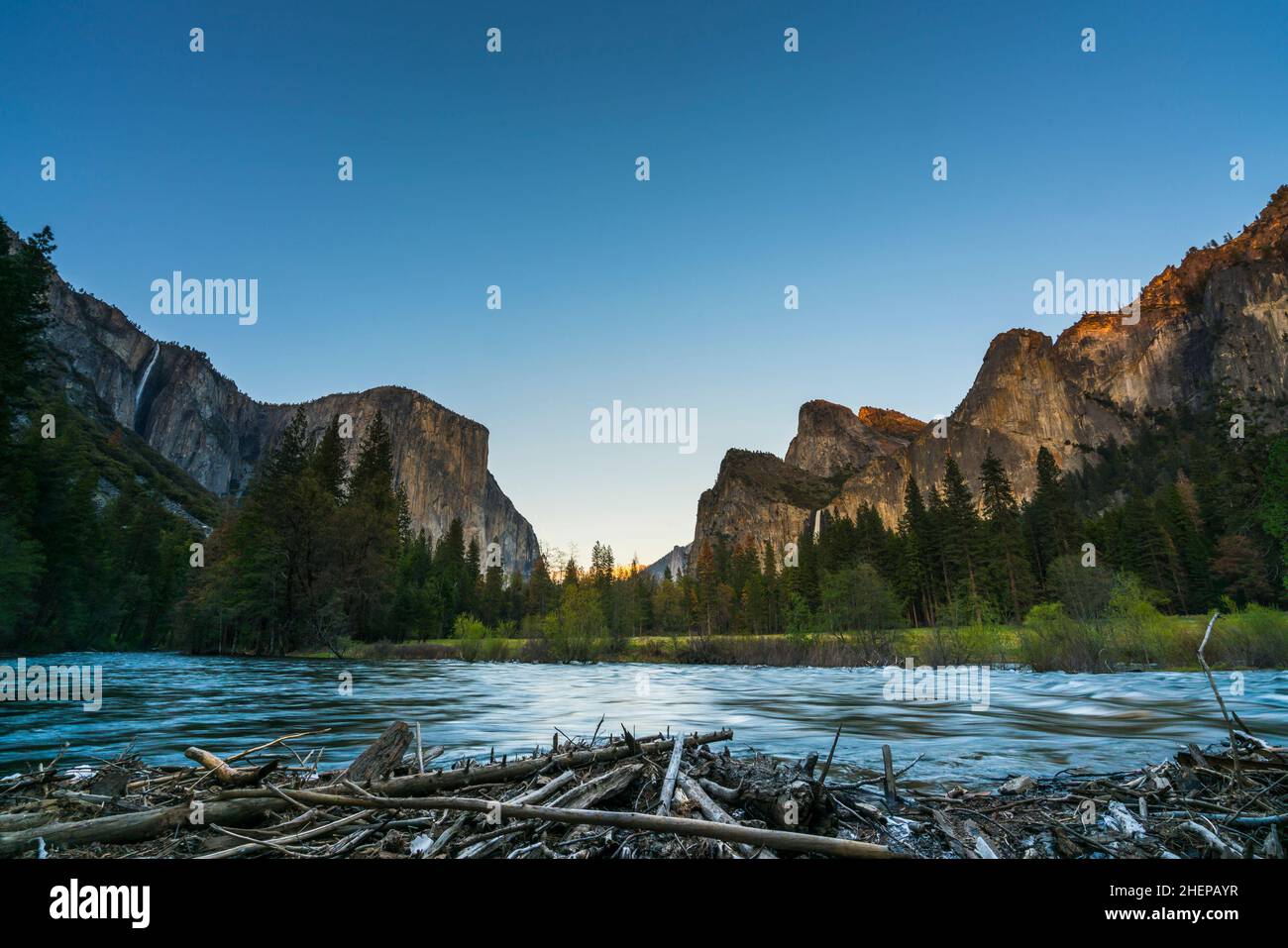 scenic view of El Capital and Cathedral cliff with river foreground,shoot in the morning in spring season,Yosemite National park,California,usa. Stock Photo