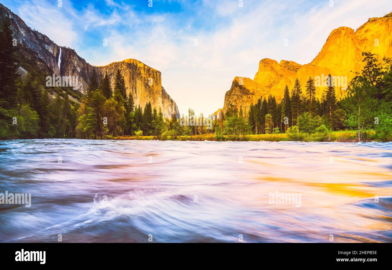 Yosemite National park with river in foreground,California,usa. Stock Photo