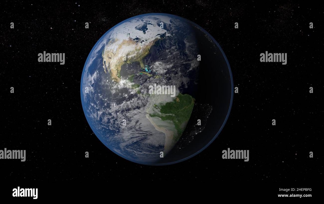 Sunrise over earth as seen from space. With stars background. 3d ...