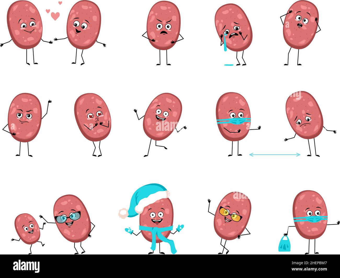 Cute sausage character with happy or sad emotions, panic, loving or brave face, hands and legs. Fun meal or meat snack person with mask, glasses or hat. Vector flat illustration Stock Vector