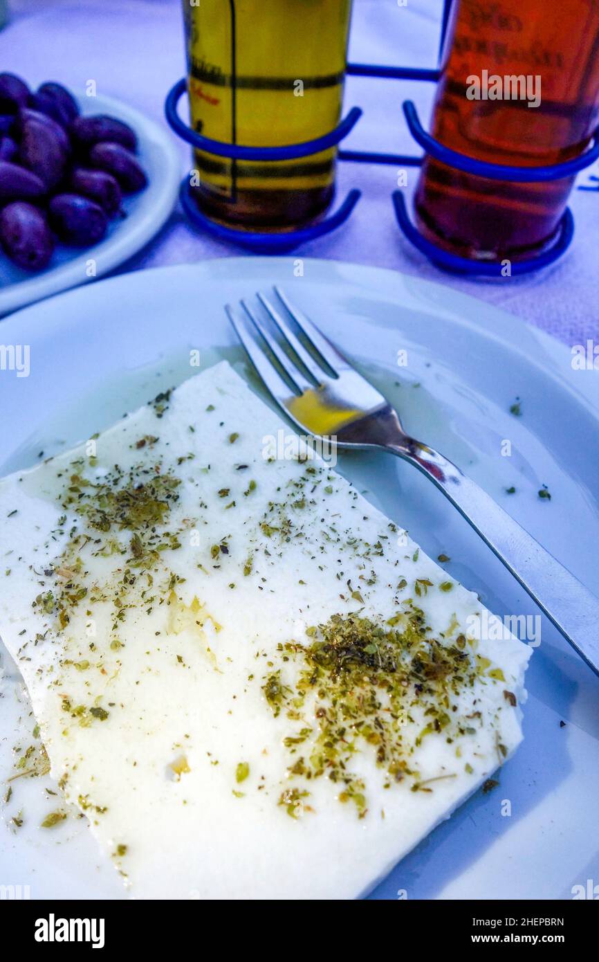 Greek Feta Cheese sprinkled with a lttle Oregano, Mytilini, Lesvos, Greece Stock Photo