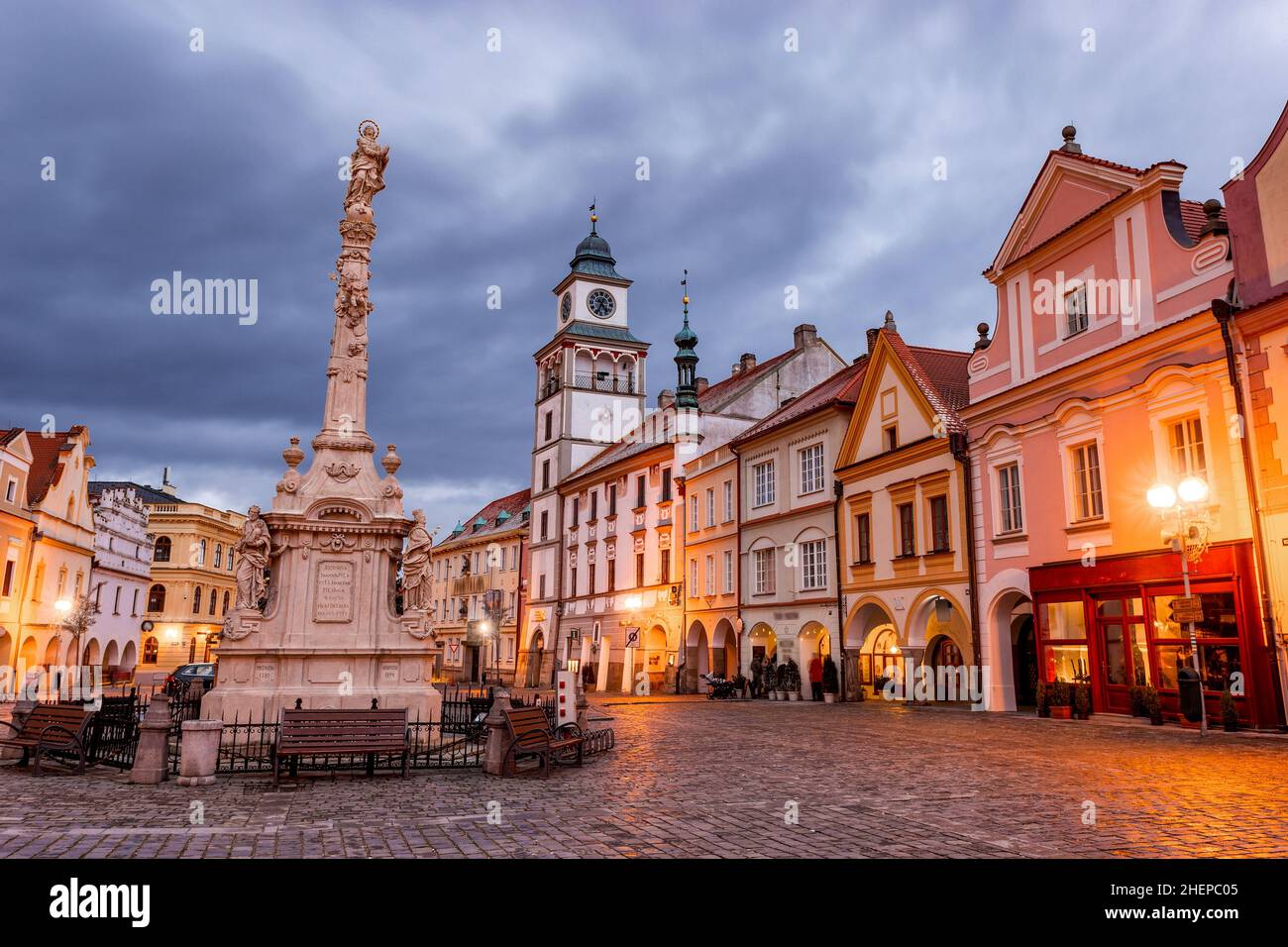 Trebone Night view of historical town Trebon in South Bohemian Region. Czechia ...