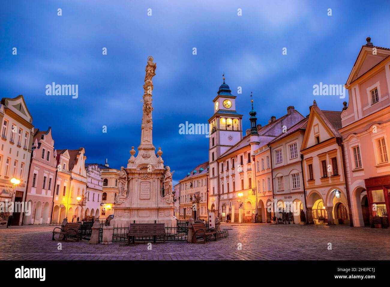 Trebone Night view of historical town Trebon in South Bohemian Region. Czechia ...