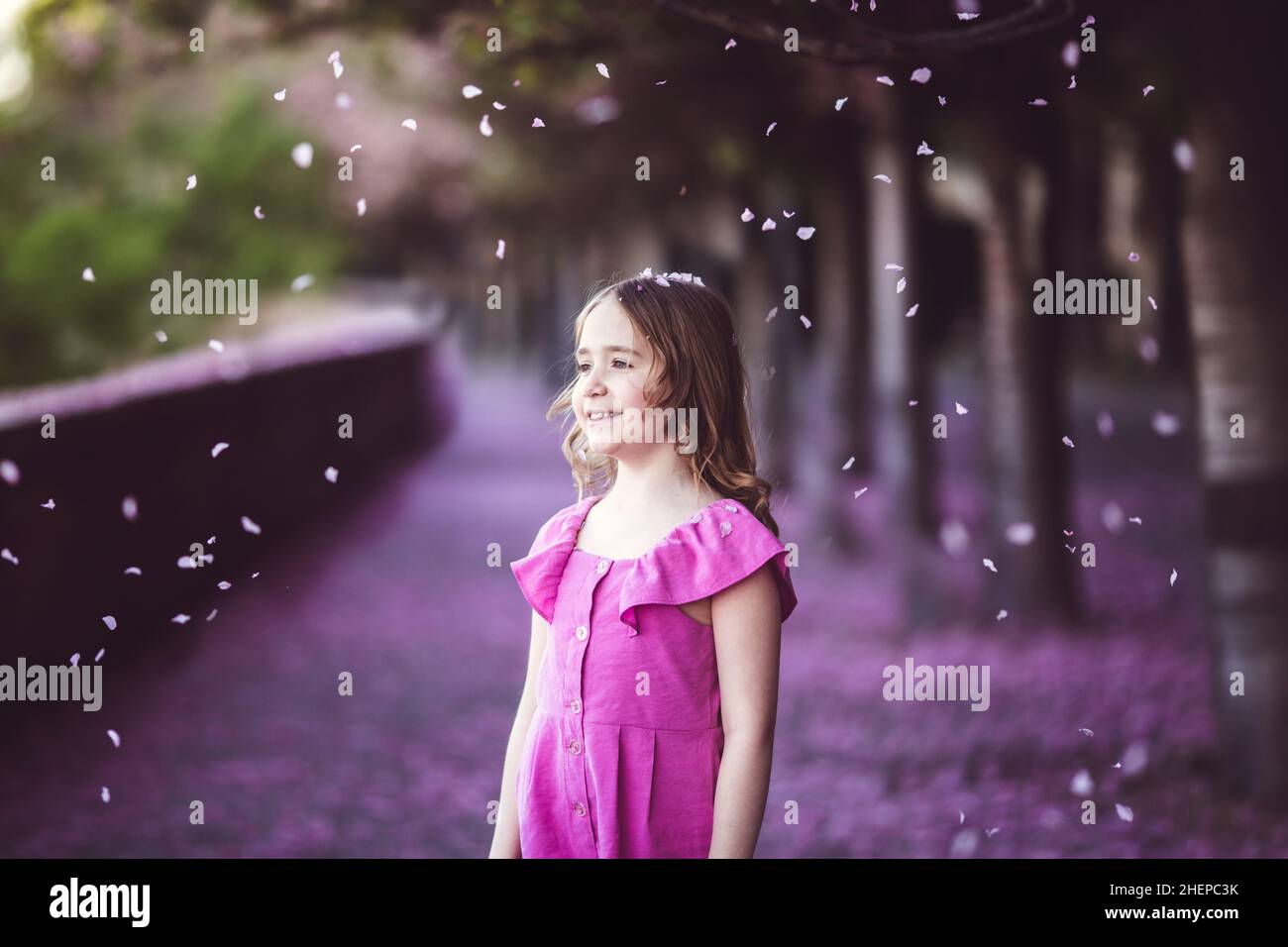 Beautiful girl in pink dress in cherry blossom park on a spring day ...