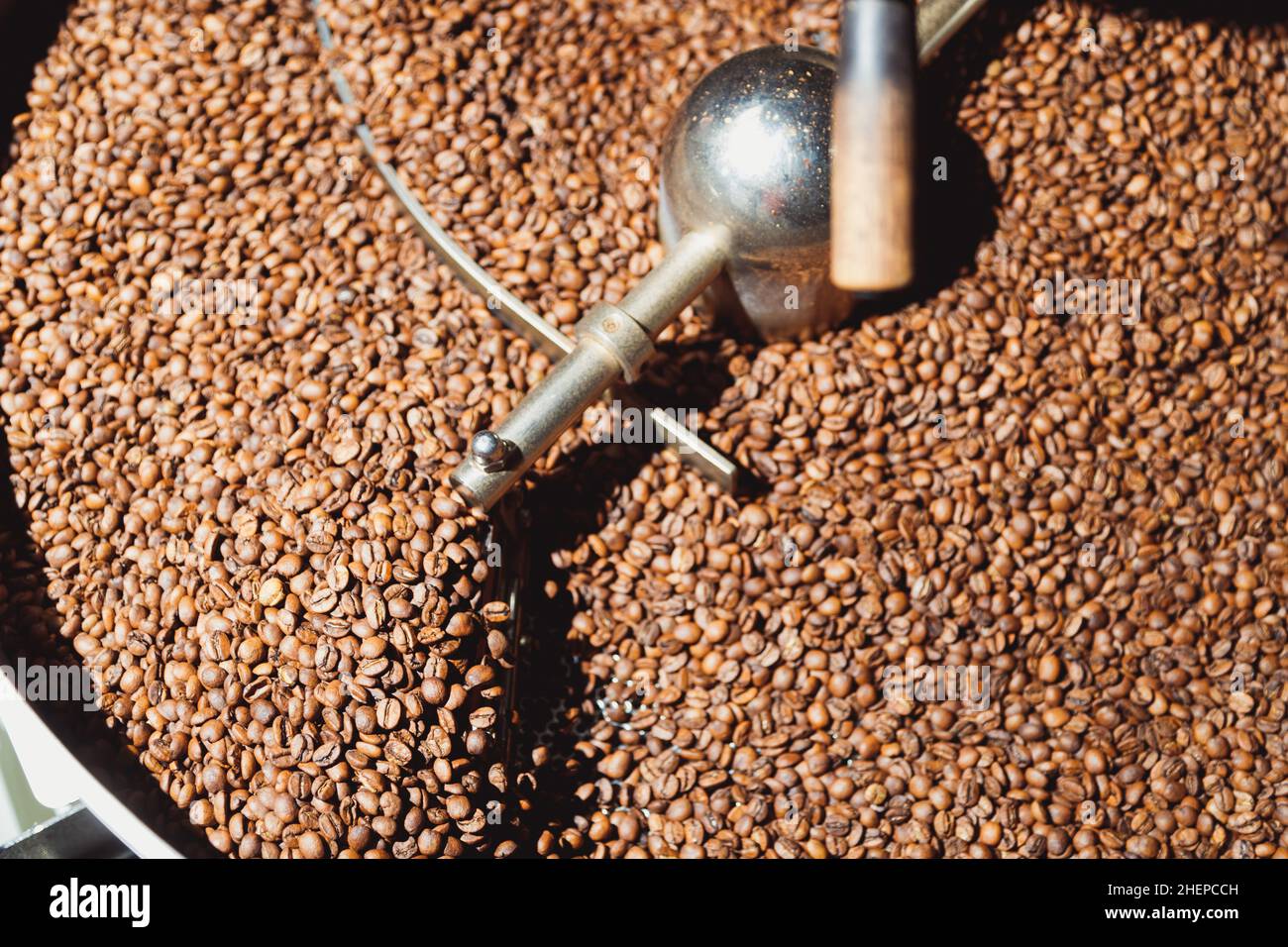 Roasted coffee beans after roasting mixing around on cooling plate of oven. Industrial beans