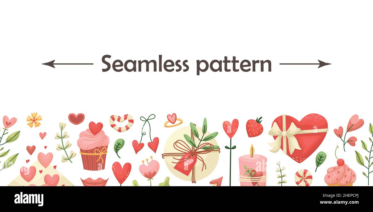 Vector horizontal seamless pattern with Valentines day illustrations. Stock Vector