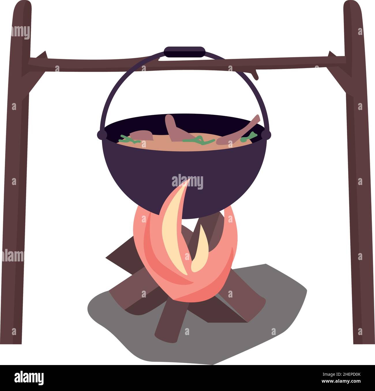 Campfire with boiling cauldron semi flat color vector object Stock Vector