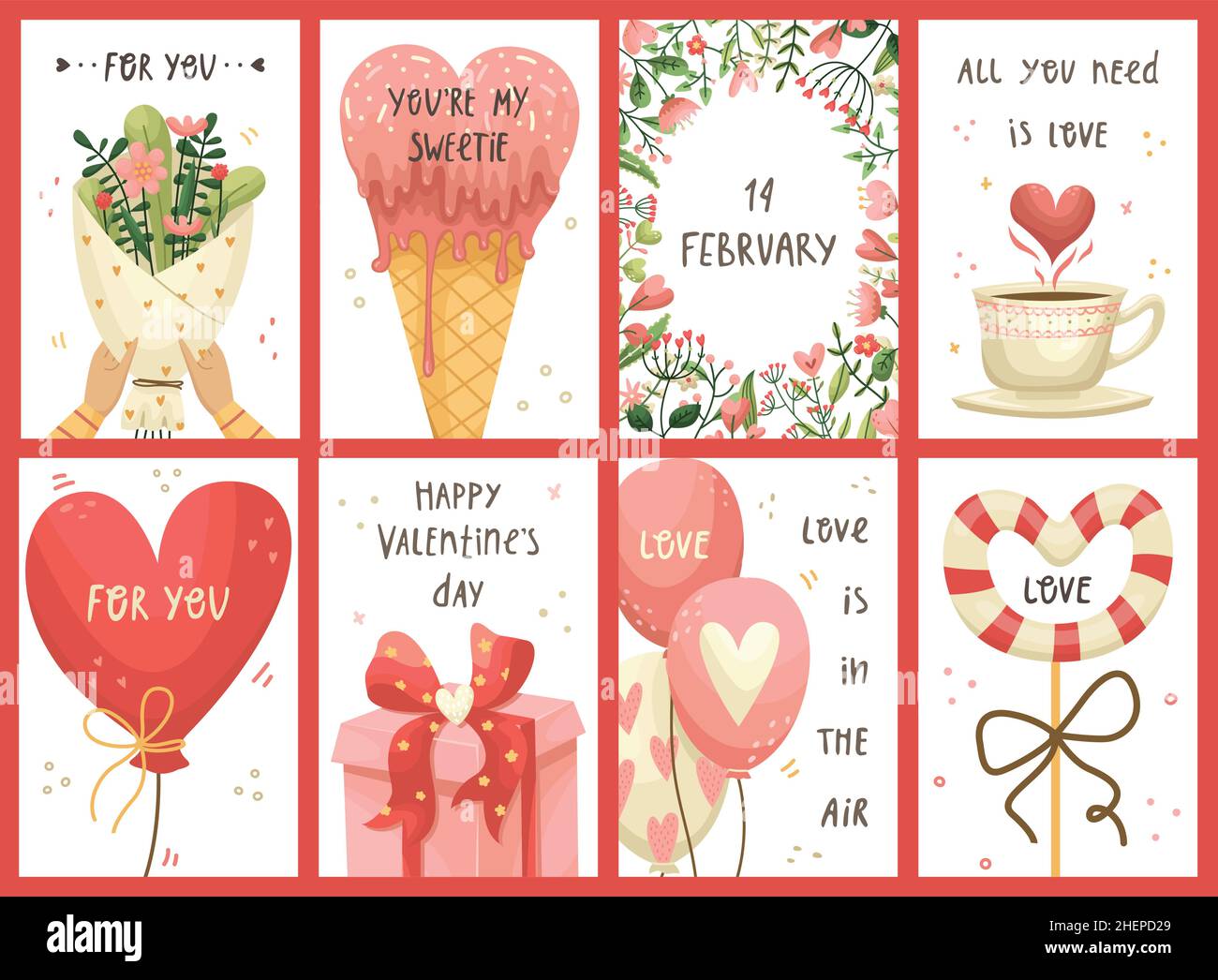 Vector set of Valentines day greeting cards. Flat style Stock Vector ...