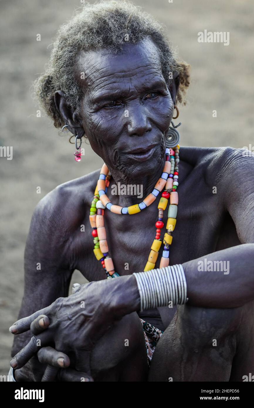 Dassanech Tribe Old Woman with Traditional Bright Necklace in the Local ...