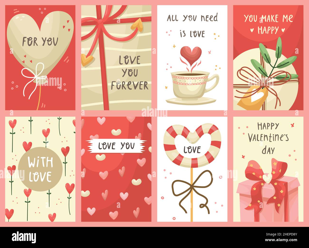 Vector set of Valentines day greeting cards. Flat style Stock Vector ...