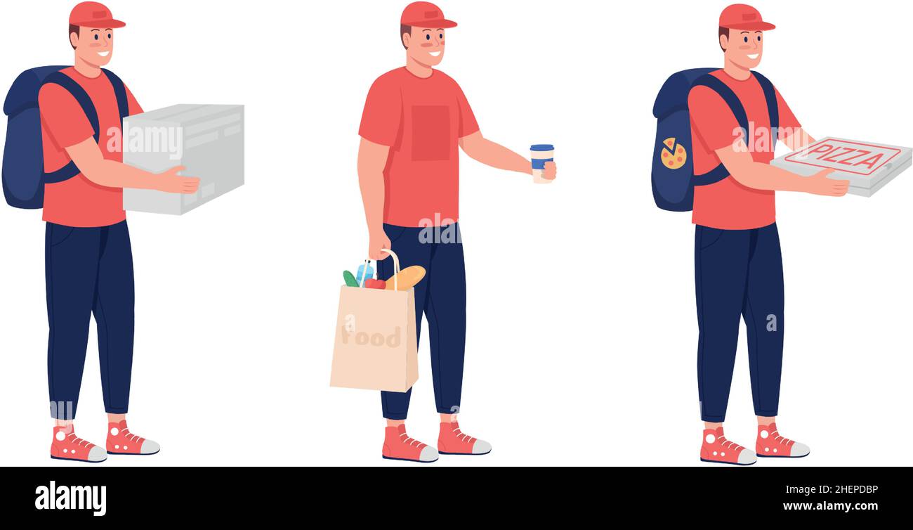 Courier with food semi flat color vector character set Stock Vector