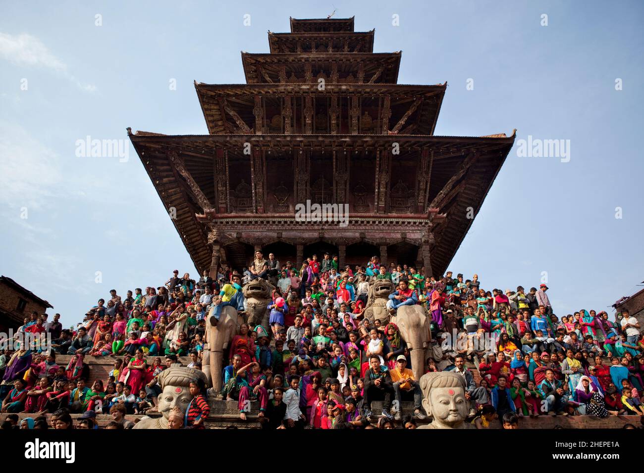 Nyatapola Temple in Bhaktapur crowded with locals celebrating the Newari New Year festival of Bisket Jatra. Stock Photo