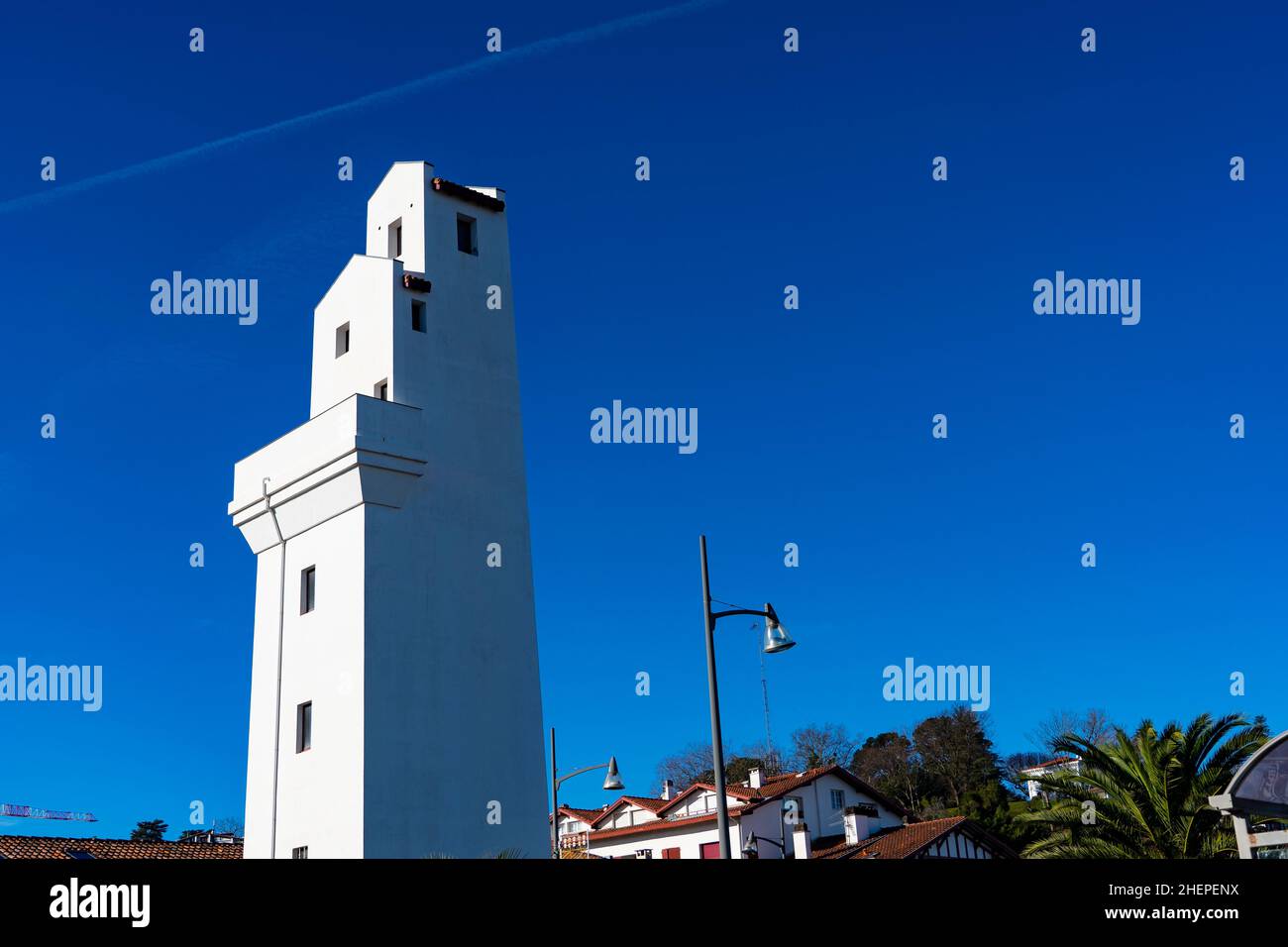 Twin lighthouse, phare, by André Pavlovsky in Ciboure and Saint Jean de Luz in the French Basque Country, Pyrenees Atlantique, constructed in 1936. Stock Photo