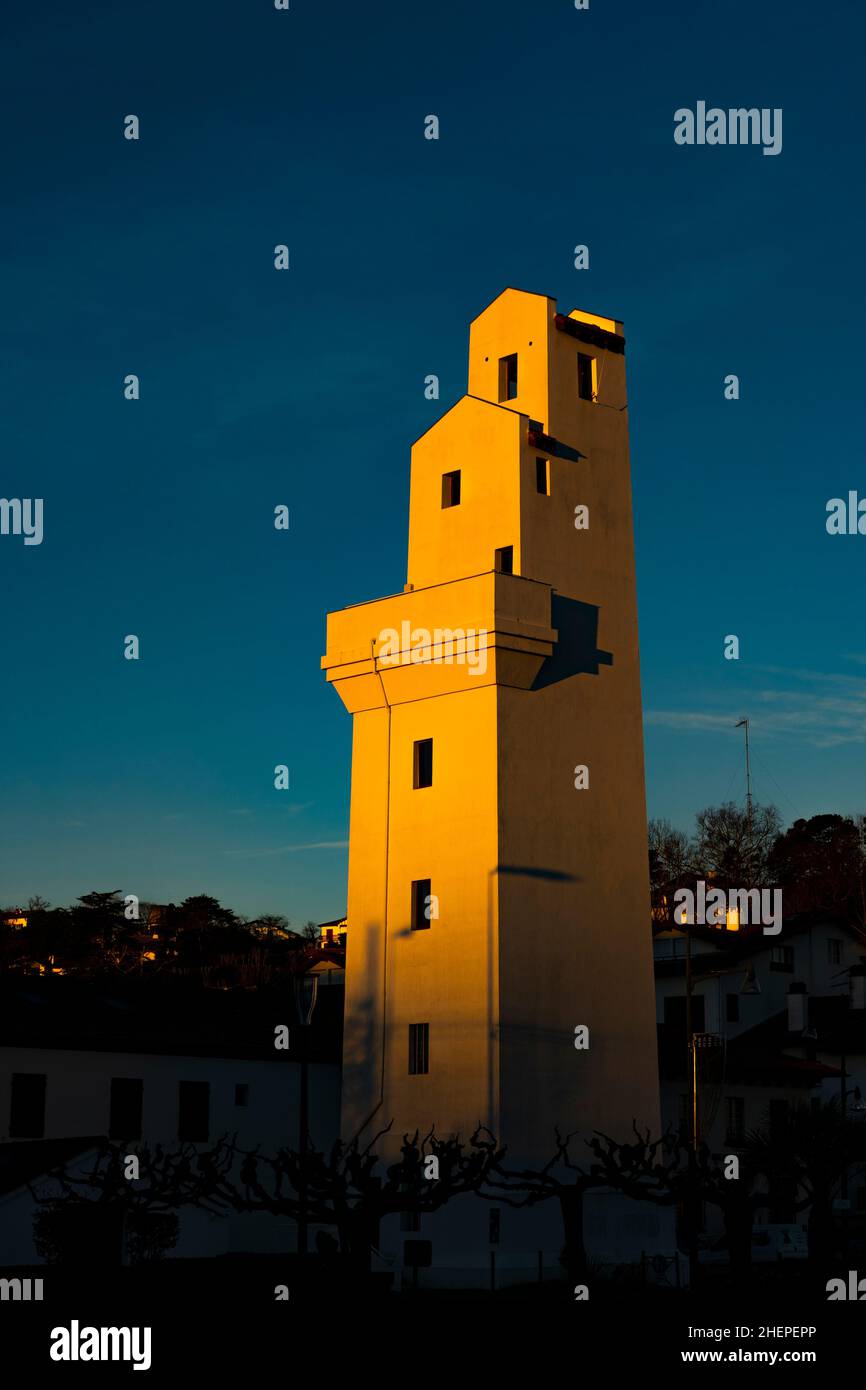 Twin lighthouse, phare, by André Pavlovsky in Ciboure and Saint Jean de Luz in the French Basque Country, Pyrenees Atlantique, constructed in 1936. Stock Photo