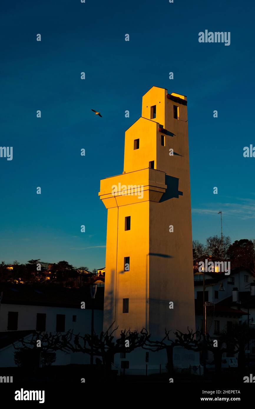 Twin lighthouse, phare, by André Pavlovsky in Ciboure and Saint Jean de Luz in the French Basque Country, Pyrenees Atlantique, constructed in 1936. Stock Photo