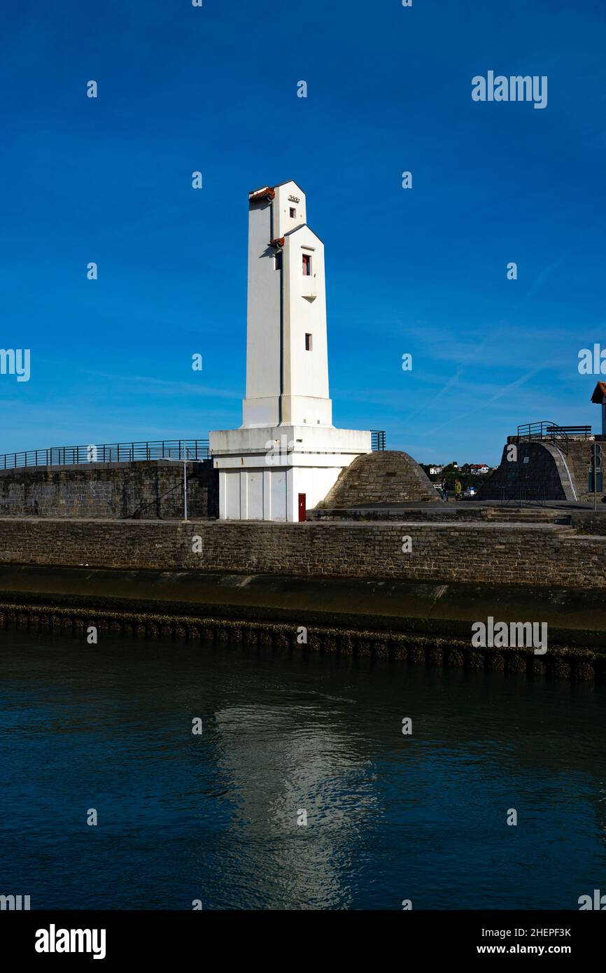 Twin lighthouse, phare, by André Pavlovsky in Ciboure and Saint Jean de Luz in the French Basque Country, Pyrenees Atlantique, constructed in 1936. Stock Photo