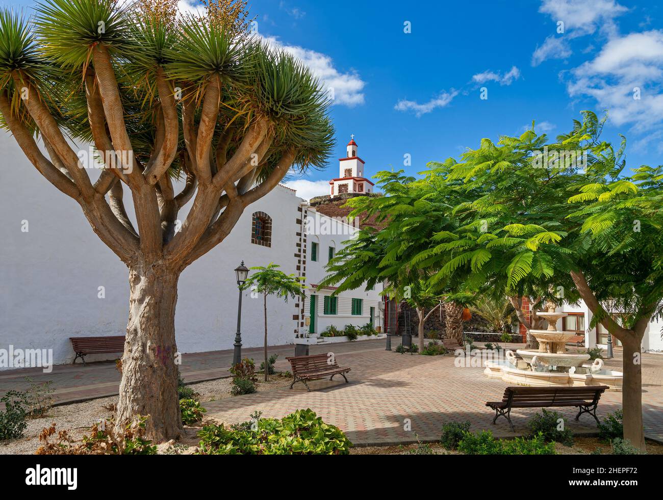 Church La Candelaria in La Frontera with Bell Tower (El Hierro, Canary Islands) Stock Photo