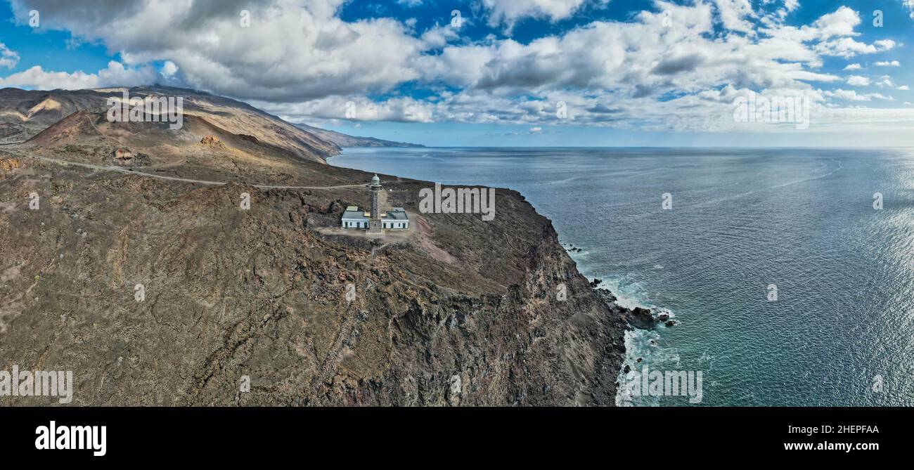 Aerial panoramic view of Southwest coast of El Hierro (Canary Islands) near Lighthouse Faro de Orchilla Stock Photo