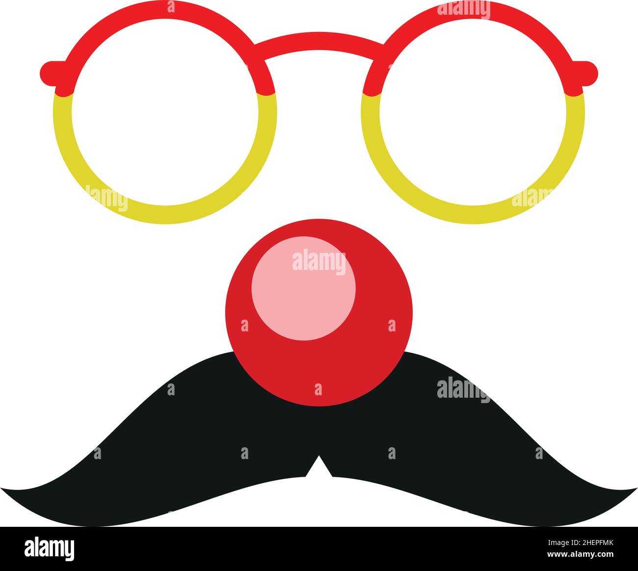 Clown nose with moustache and fun glasses. Party mask Stock Vector
