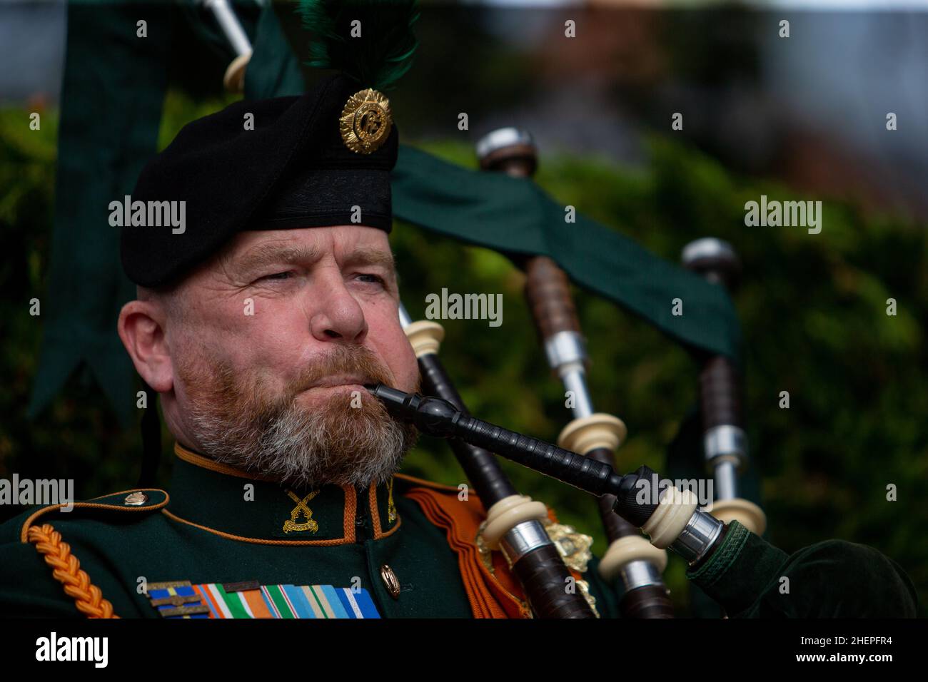 Pipe of the Irish Defence Forces plays a lament in the Curragh Camp 2021 Stock Photo