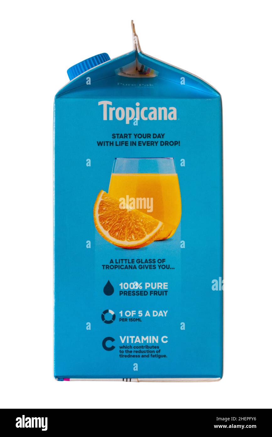 Information on carton of Tropicana smooth orange with no bits juice drink 100% pure pressed fruit isolated on white background Stock Photo