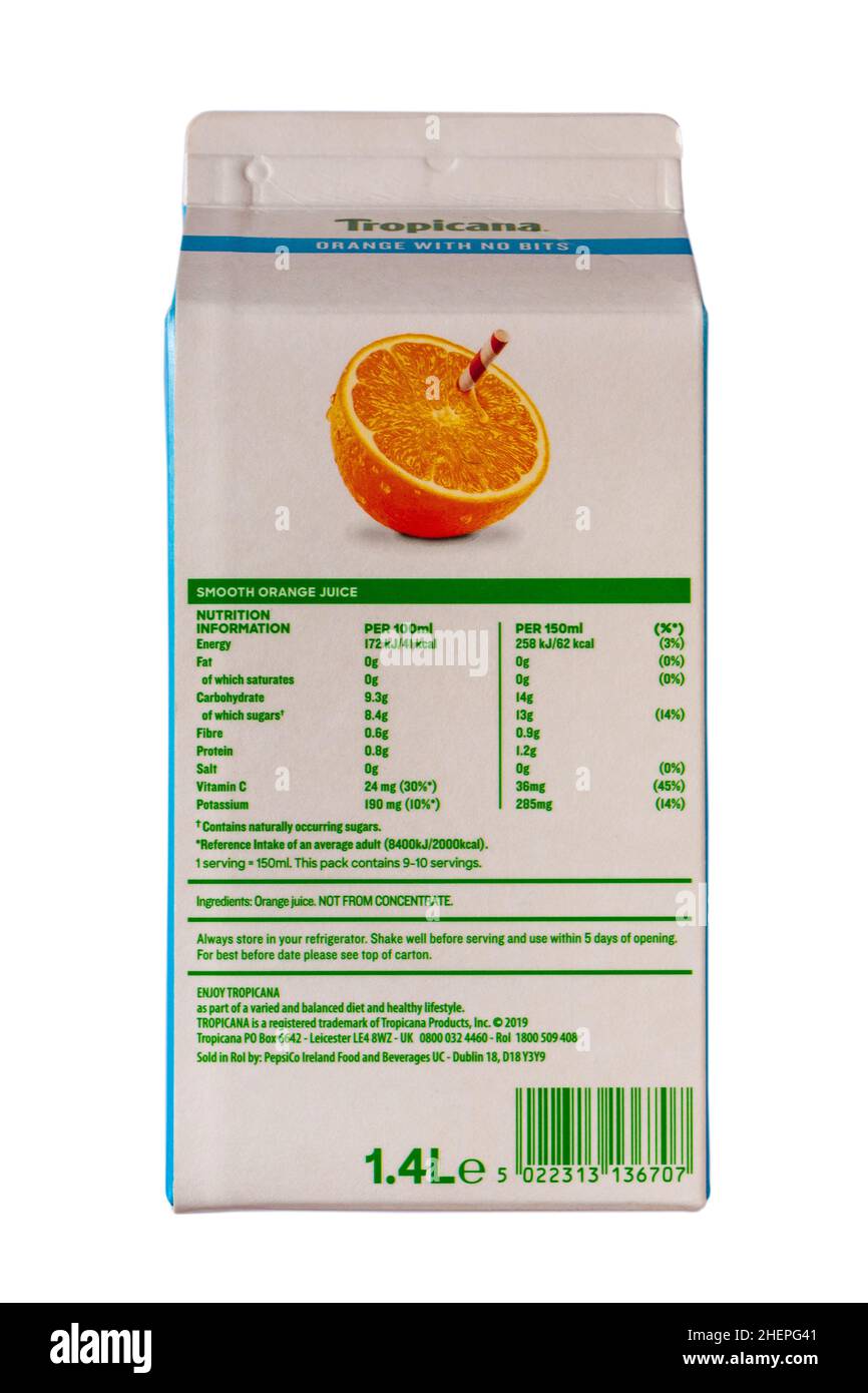 Carton of Tropicana smooth orange with no bits juice drink 100 pure