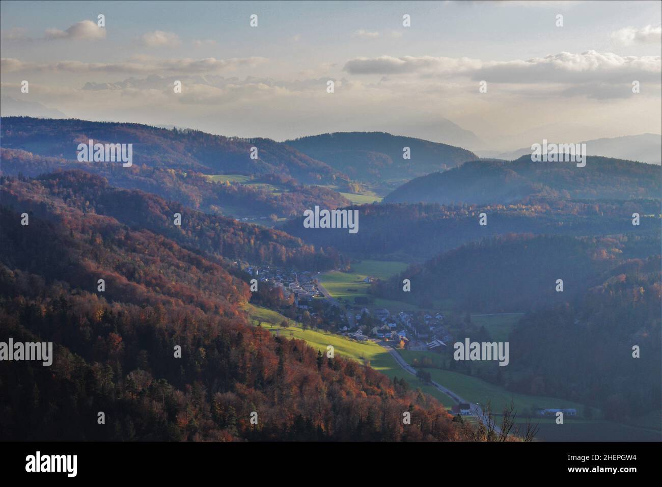 View from the top of Uteliberg Mountain onto Swiss Plateau. ROlling green alpine hills in autumn background (Zurich, Switzerland) Stock Photo