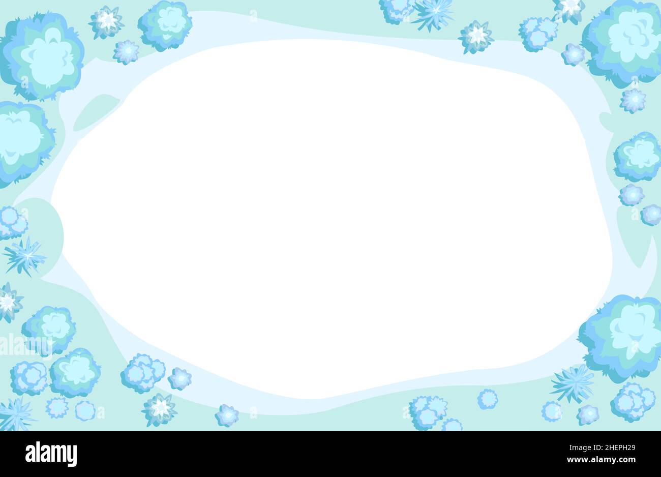 Winter landscape top view. Frame around edge of Oval image. Snowy frosty nature in cold season. From high. Drifts of snow. Illustration in cartoon sty Stock Vector