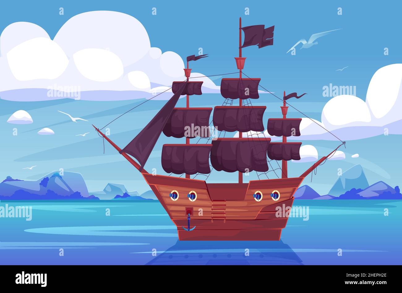 Cartoon pirate ship sailing in sea or ocean Stock Vector