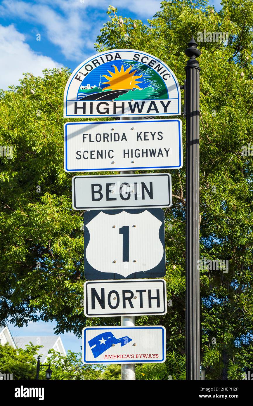 signage of begin of Highway 1 in Key West direction north Stock Photo