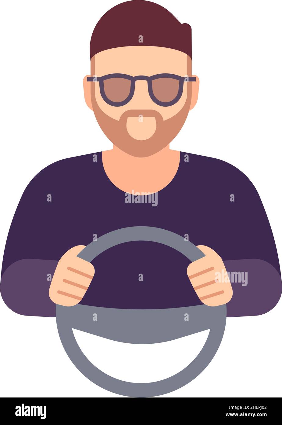 Man with steering wheel. Driver avatar. Chauffeur character Stock Vector