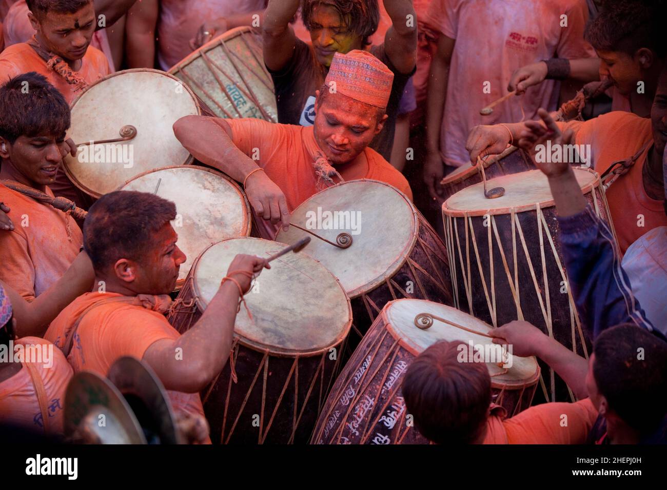 Drummers celebrating Sindoor Jatra (Vermillion Festival) as part of Nepali New Year (Bisket Jatra) in Bhaktapur. Stock Photo
