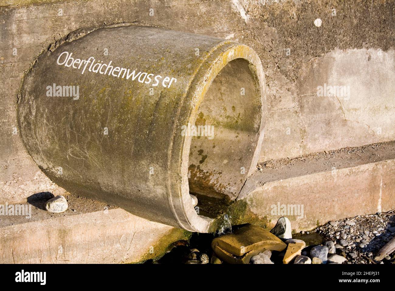 drain pipe with the label surface water, Germany Stock Photo