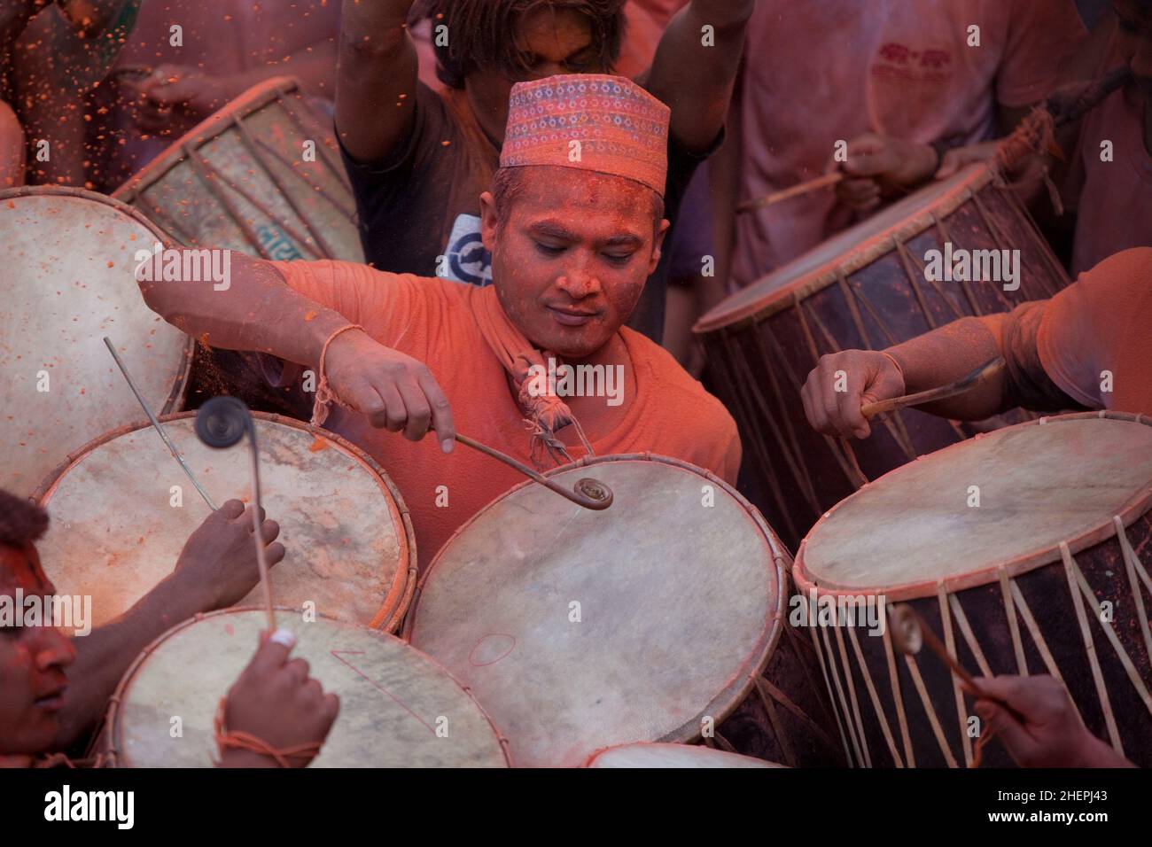 Drummers celebrating Sindoor Jatra (Vermillion Festival) as part of Nepali New Year (Bisket Jatra) in Bhaktapur. Stock Photo
