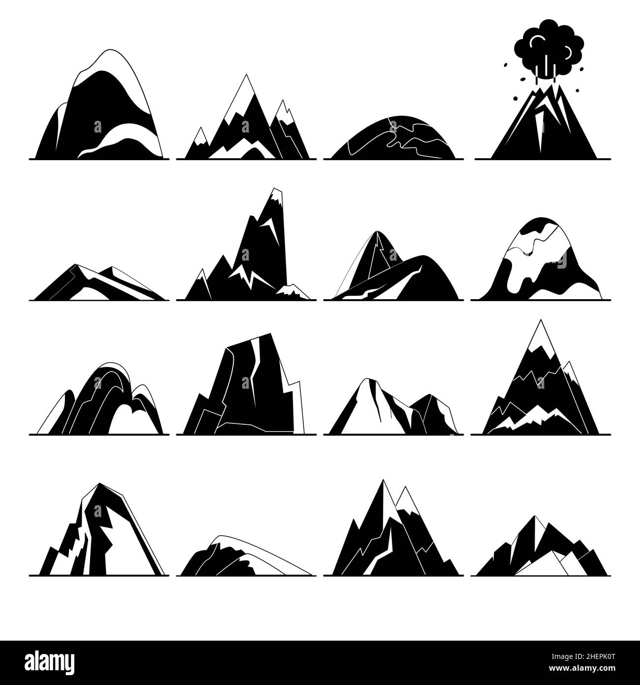 Collection of mountain silhouette icons in flat style. Different rock ...