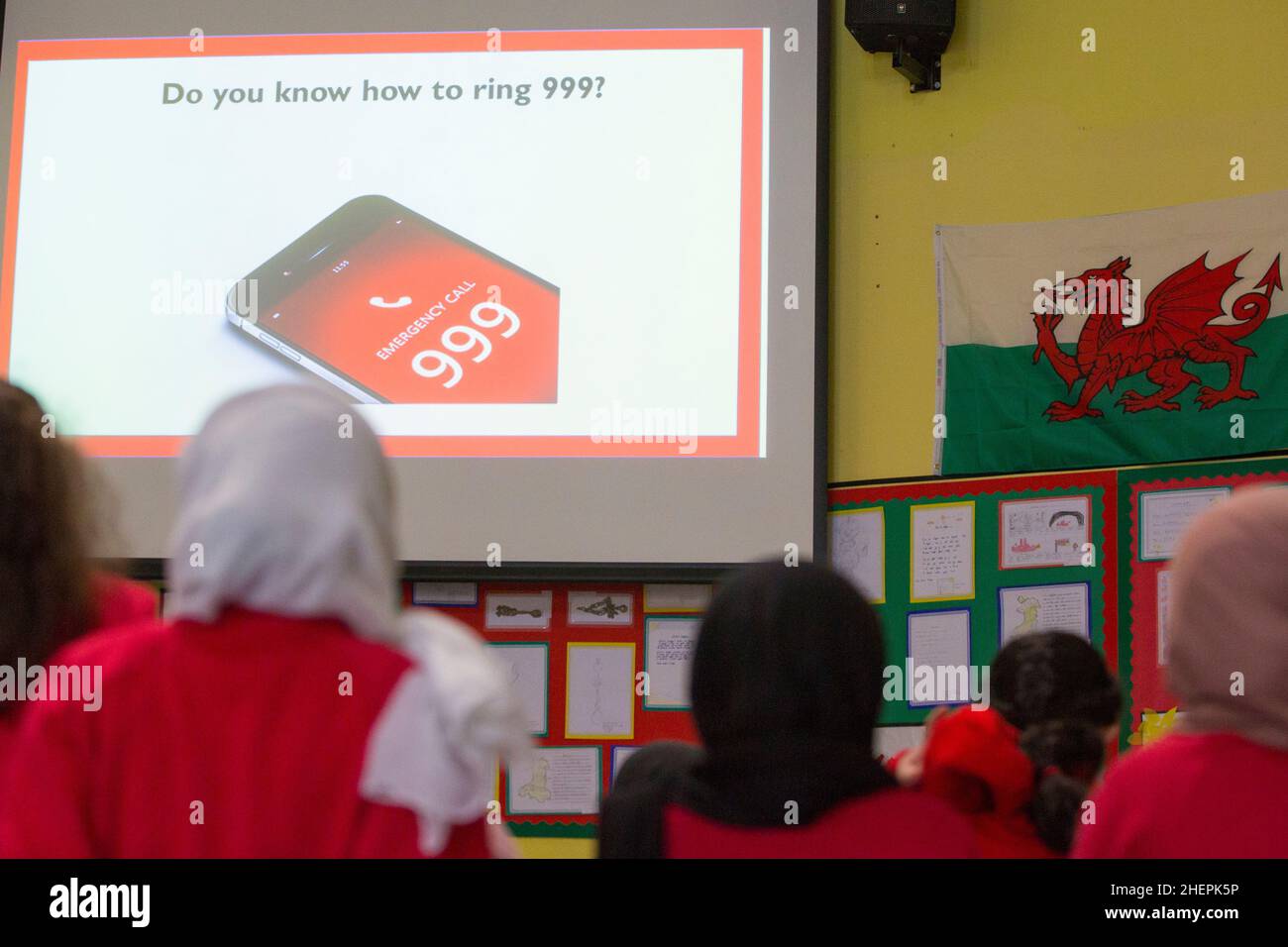Primary school children in Wales learning how to call 999, 2017. Stock Photo