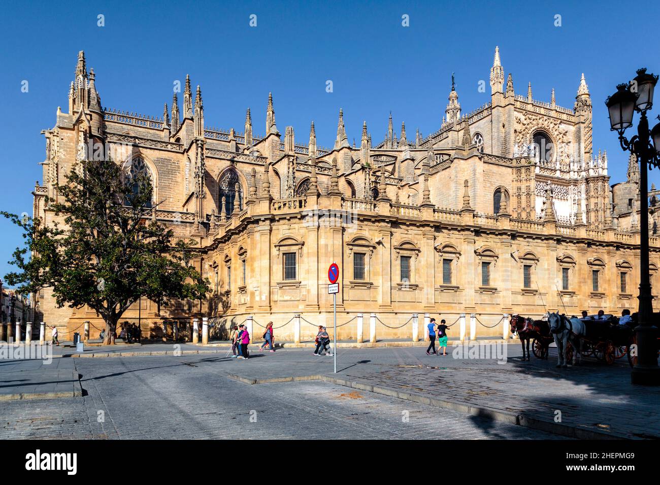 Seville, Seville Province, Andalusia, southern Spain.  Partial view of the cathedral, one of the biggest in the world, was built on the site of the Mo Stock Photo