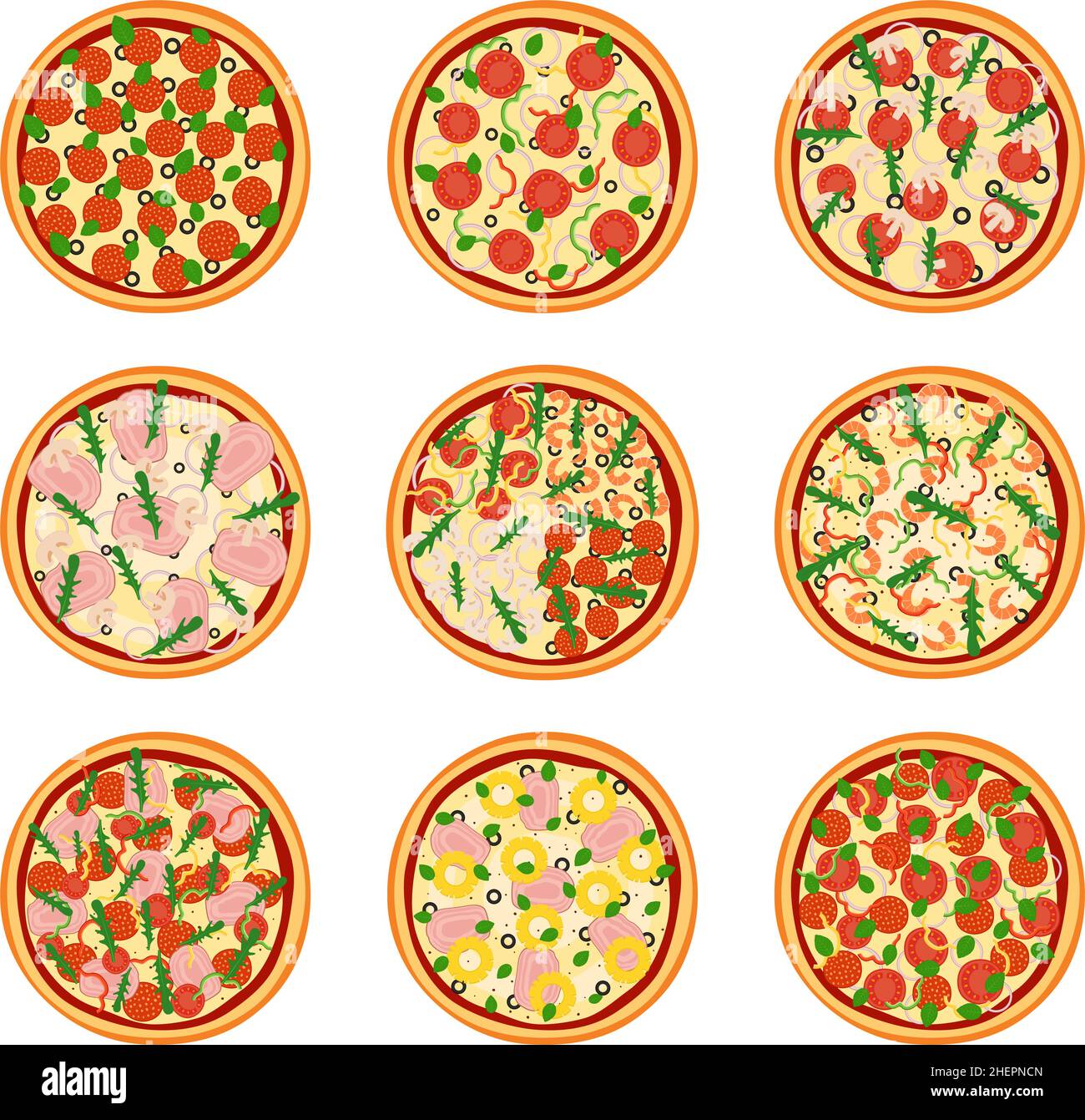 Set of appetizing pizzas, vector illustration Stock Vector