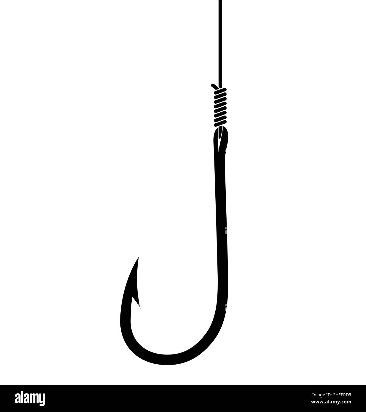 simple fishing fish hook on fishing line black silhouette isolated
