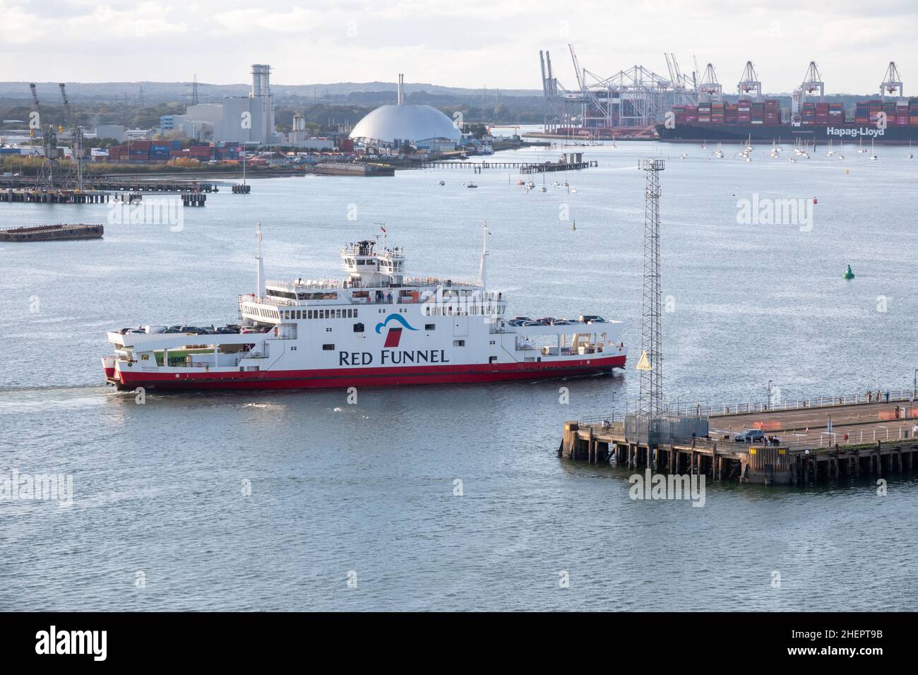 Red Funnel car ferry, red eagle, in the port of Southampton, UK Stock Photo