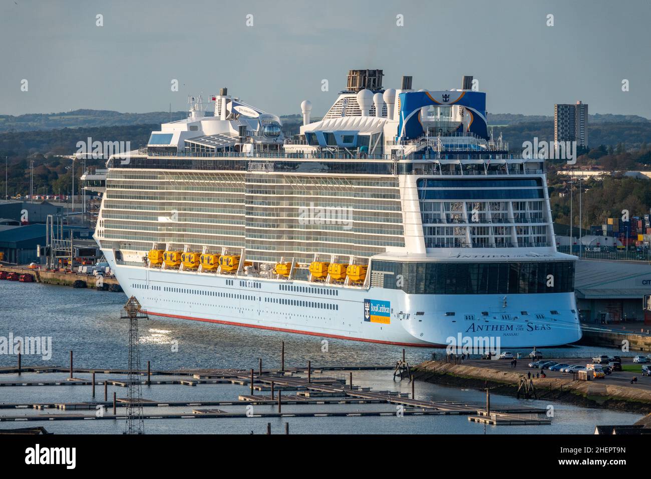 The Royal Caribbean vessel ANTHEM OF THE SEAS berthed in the port of Southampton, UK Stock Photo