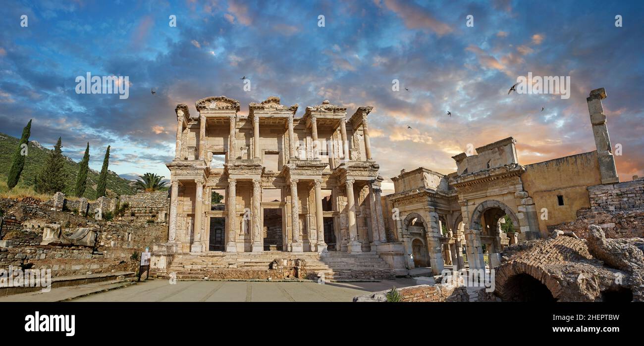 The ancient Library of Celsus , a Roman building ruins in Ephesus, Anatolia, Turkey. The library of Celsus was built for proconsul of Asia  Tiberius J Stock Photo