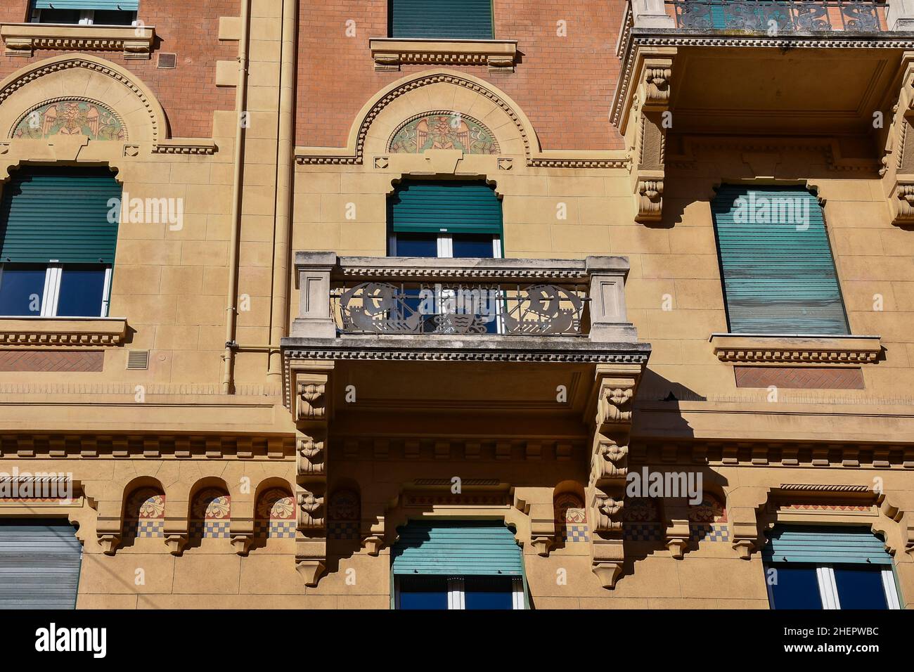 Detail of the façade of a palace in Gothic style in the centre of Genoa, Liguria, Italy Stock Photo
