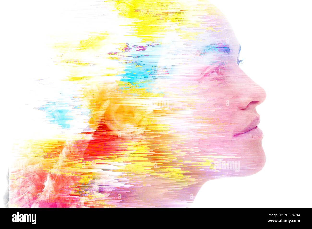 A double exposure portrait of an attractive woman combined with digital ...