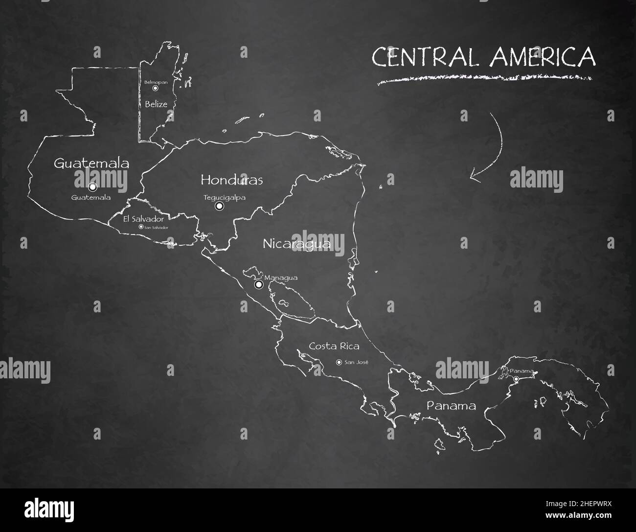 Central America map, separates states and names, design card blackboard chalkboard vector Stock Vector