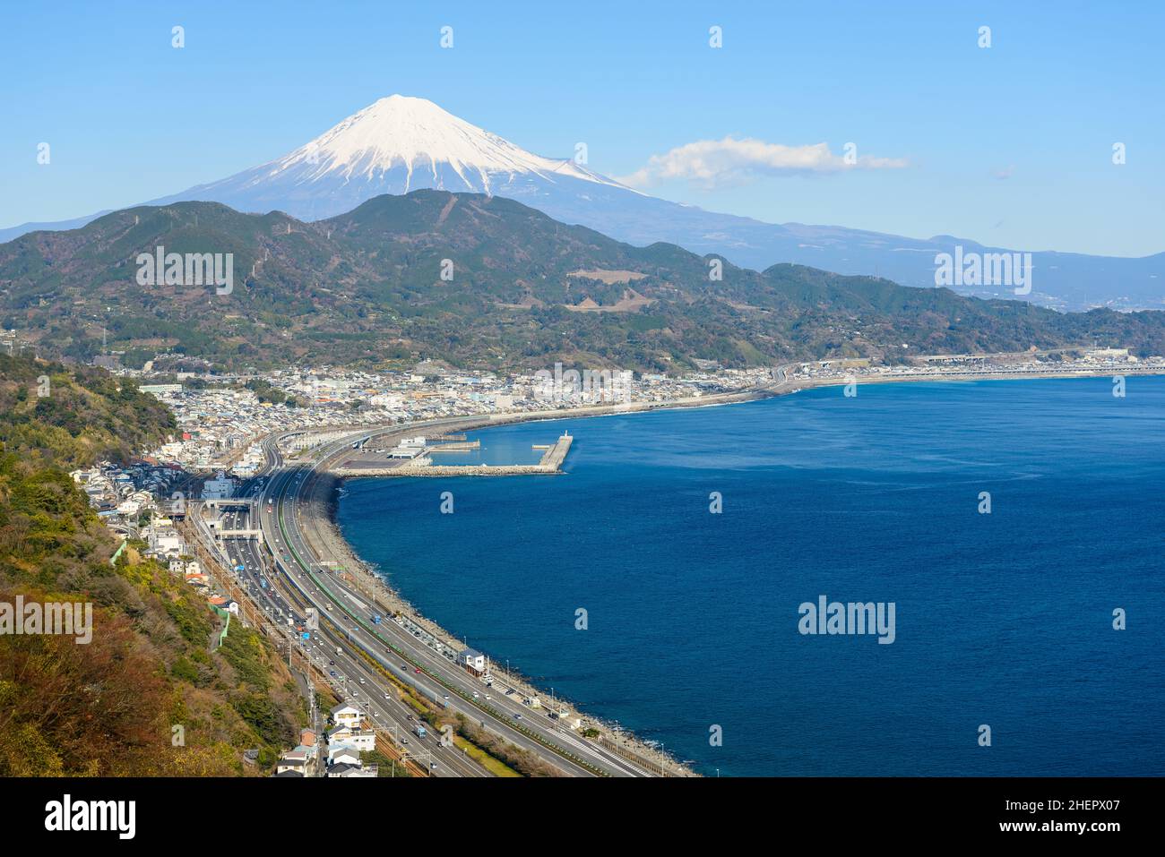 Mount Fuji And The Coastline From Satta Pass, Shizuoka Prefecture Stock Photo