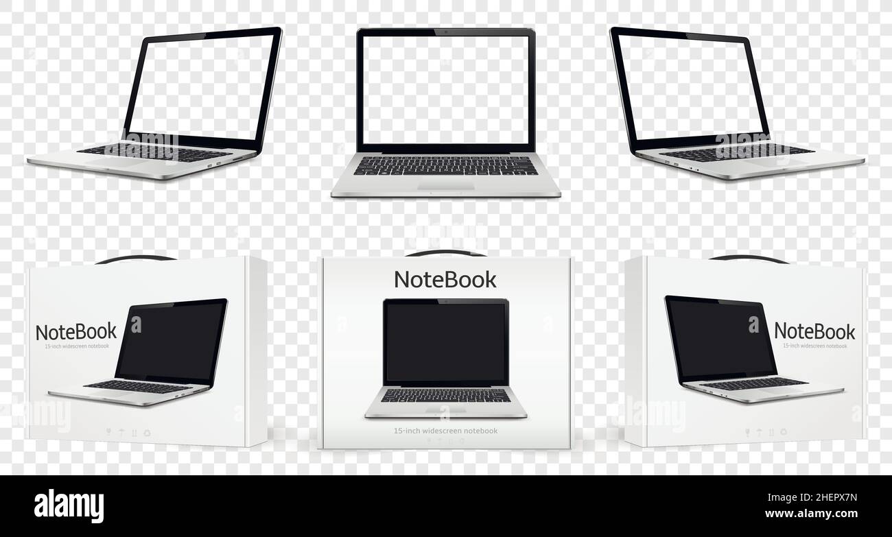 Laptops with transparent screen and new notebook computers in boxes isolated. Vector illustration. Stock Vector