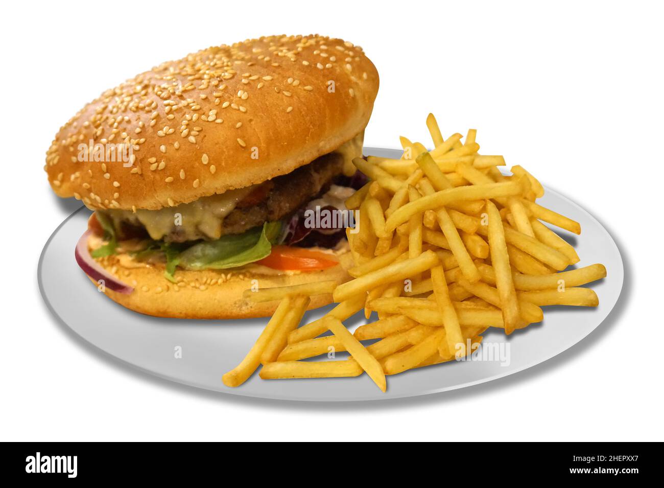 Burger and french fries on plate Stock Photo