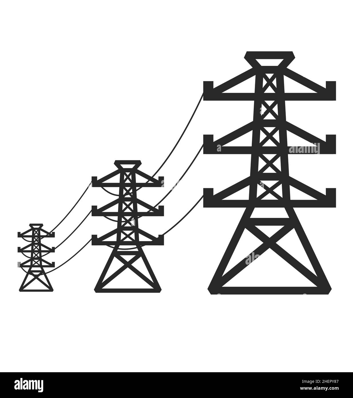 3 power transmission towers in series receding into the distance industrial infographic symbol vector isolated on white background Stock Vector