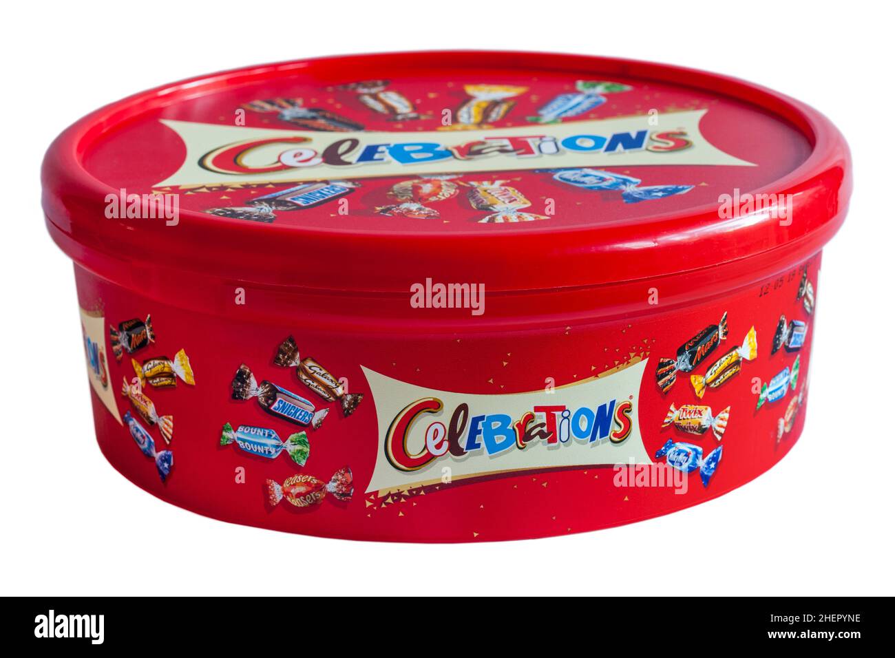 Tub of Celebrations chocolates sweets isolated on white background Stock Photo